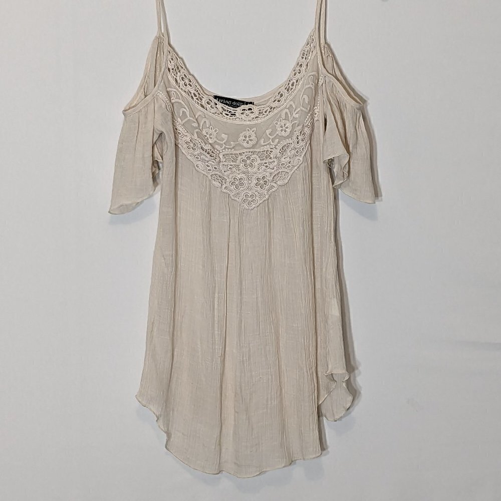 Women's "Living Doll" Ivory Chiffon w Lace Cold Shoulder Tank Top; Size S